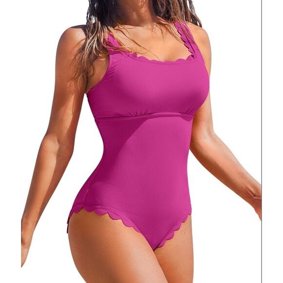 CHARMO Pink Ribbed Scalloped 1 Piece Swimsuit Womens Retro Modest Square Neck S - Picture 1 of 14
